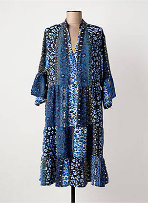 Rochie midi imprimeu fantezie mâneci lungi albastru ICONIQUE femeie