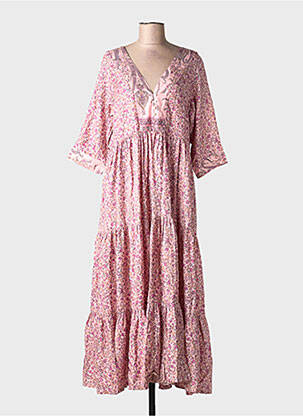 Rochie lungă imprimeu fantezie mâneci 3/4 roz COEUR DE NOMADE femeie