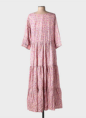Rochie lungă imprimeu fantezie mâneci 3/4 roz COEUR DE NOMADE femeie