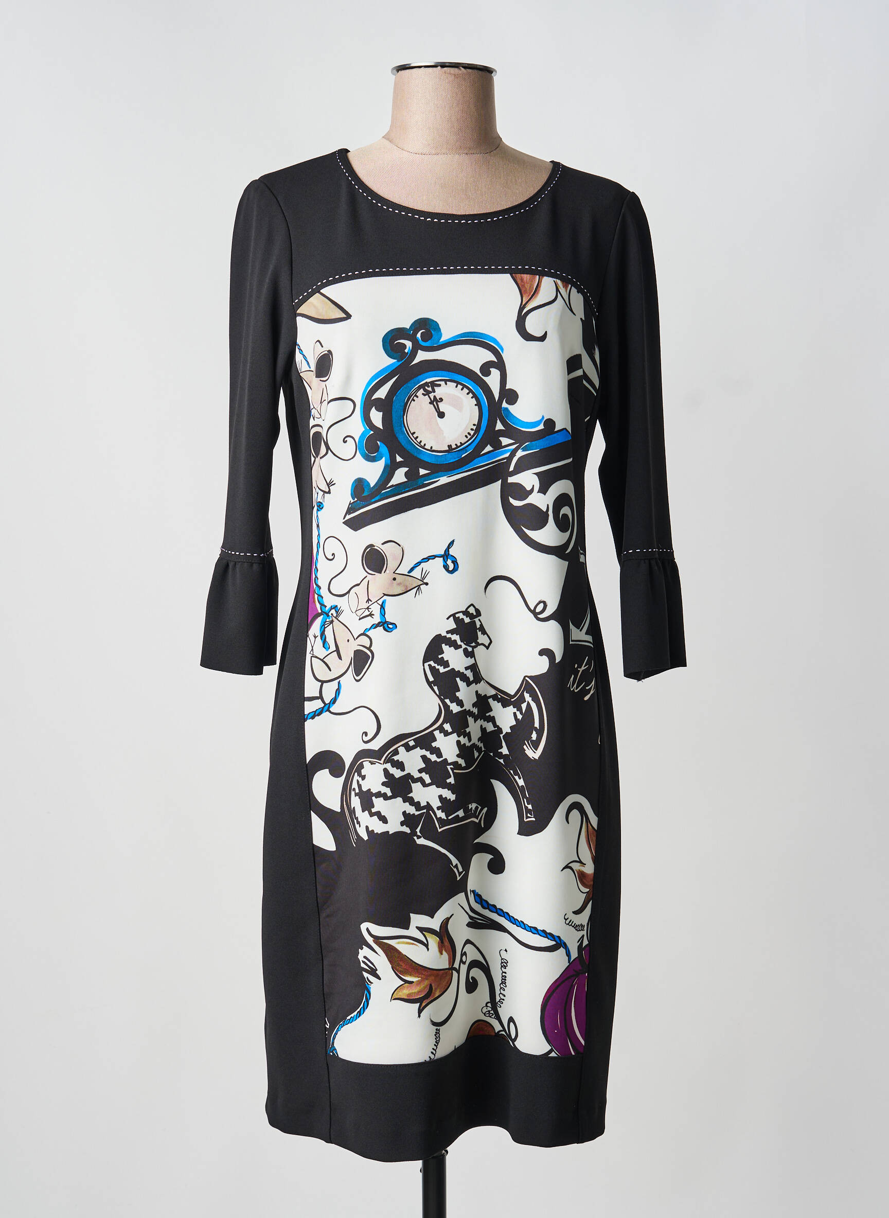Rochie midi imprimeu fantezie mâneci lungi negru DIVAS femeie