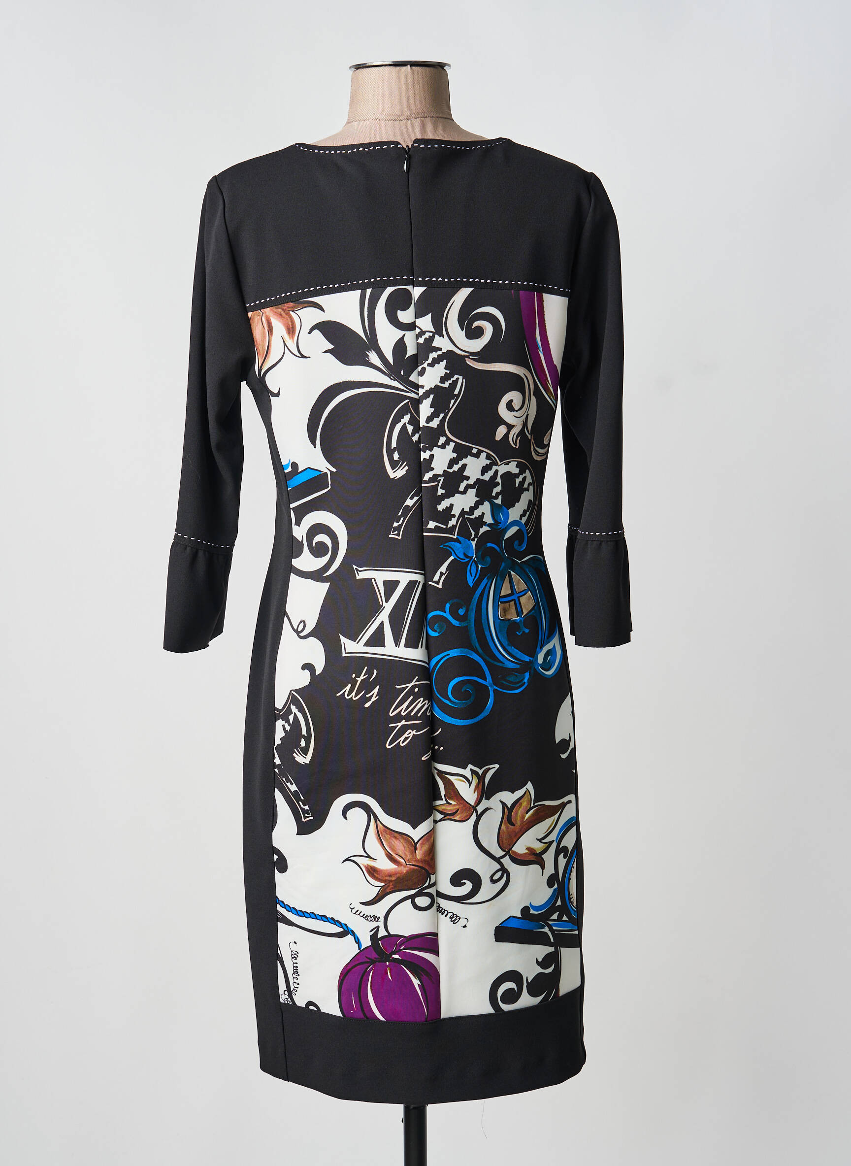 Rochie midi imprimeu fantezie mâneci lungi negru DIVAS femeie