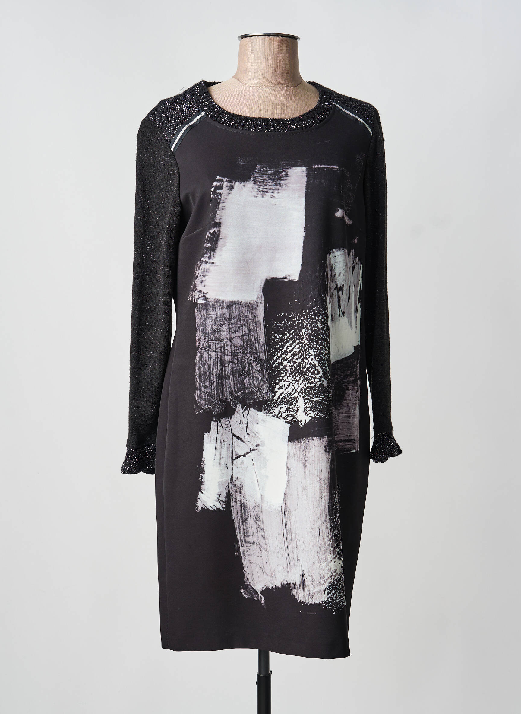 Rochie midi imprimeu fantezie mâneci lungi negru DIVAS femeie
