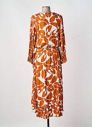 Rochie midi imprimeu fantezie mâneci lungi portocalie COULEURS DU TEMPS femeie