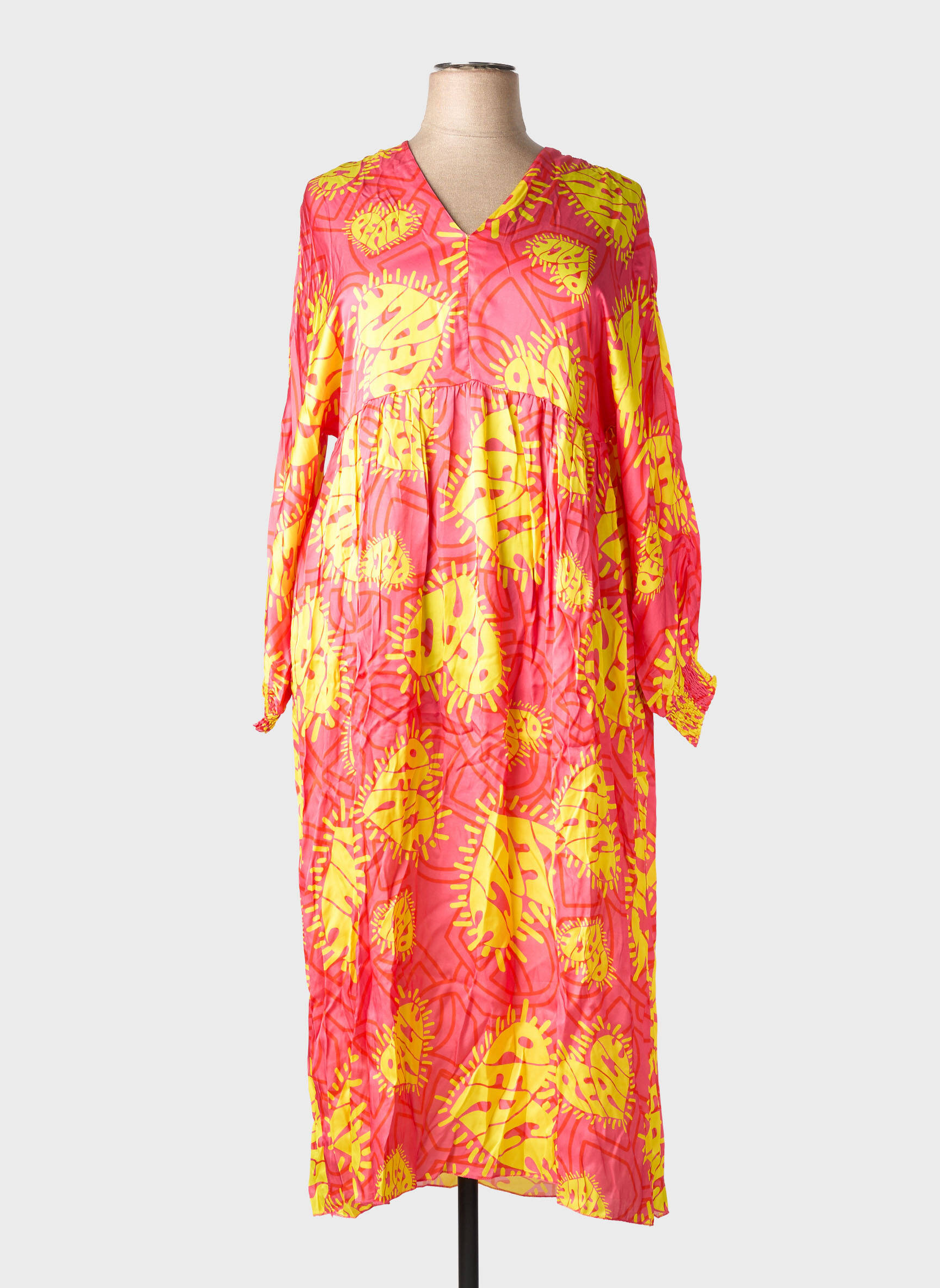 Rochie lungă imprimeu fantezie mâneci lungi roz SHEEGO femeie