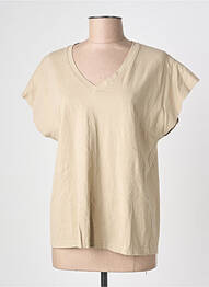 Tricou guler în v mâneci scurte bej BLANC BOHEME femme
