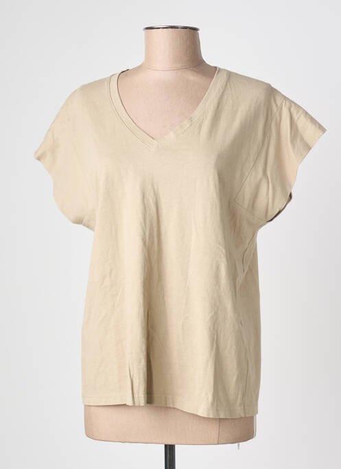 Tricou guler în v mâneci scurte bej BLANC BOHEME femme