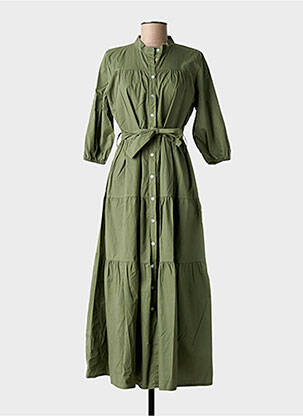 Rochie lungă țesătură poplin mâneci 3/4 verde BLANC BOHEME femeie