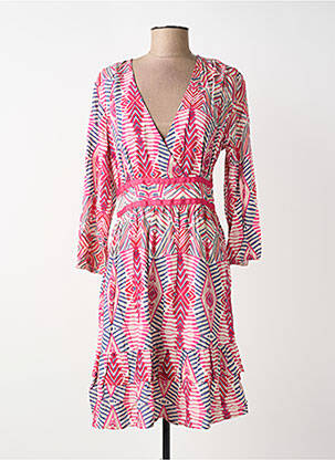 Rochie midi imprimeu fantezie mâneci lungi roz BLANC BOHEME femeie