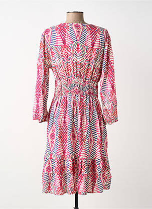 Rochie midi imprimeu fantezie mâneci lungi roz BLANC BOHEME femeie