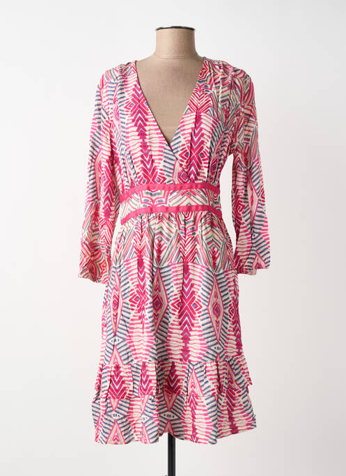 Rochie midi imprimeu fantezie mâneci lungi roz BLANC BOHEME femme