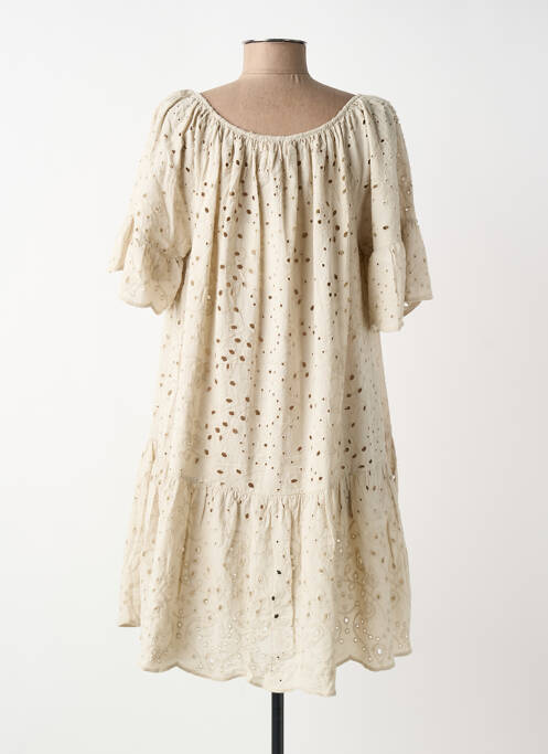 Rochie scurtă croială evazată mâneci scurte bej BLANC BOHEME femme