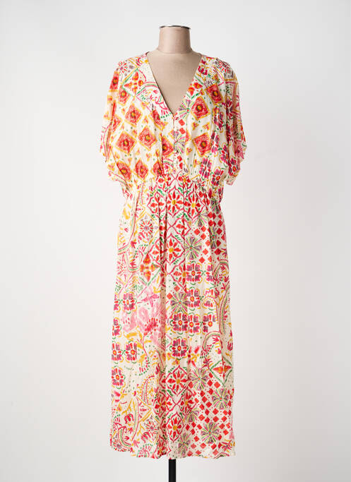 Rochie lungă imprimeu fantezie mâneci scurte bej C'EST BEAU LA VIE femme