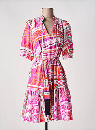 Rochie midi imprimeu fantezie mâneci scurte roz LESLIE femme