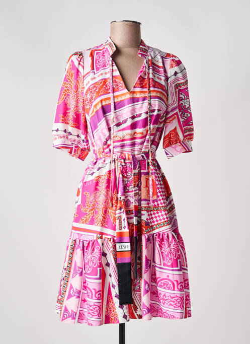 Rochie midi imprimeu fantezie mâneci scurte roz LESLIE femme