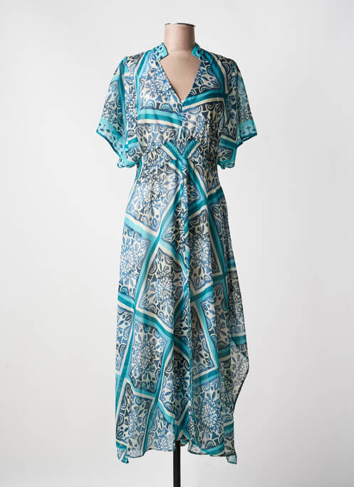 Rochie lungă imprimeu fantezie mâneci scurte albastru LESLIE femme