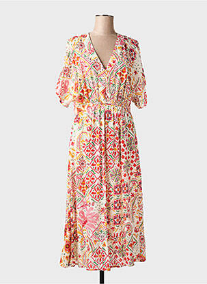 Rochie lungă țesătură poplin mâneci scurte bej C'EST BEAU LA VIE femeie