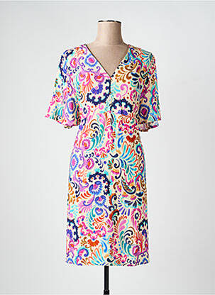 Rochie midi imprimeu fantezie mâneci scurte roz JULIE GUERLANDE femme