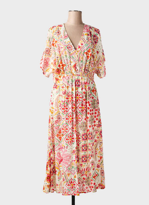Rochie lungă imprimeu fantezie mâneci scurte bej C'EST BEAU LA VIE femme