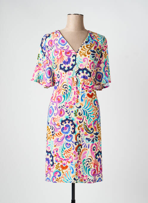 Rochie midi imprimeu fantezie mâneci scurte roz JULIE GUERLANDE femme