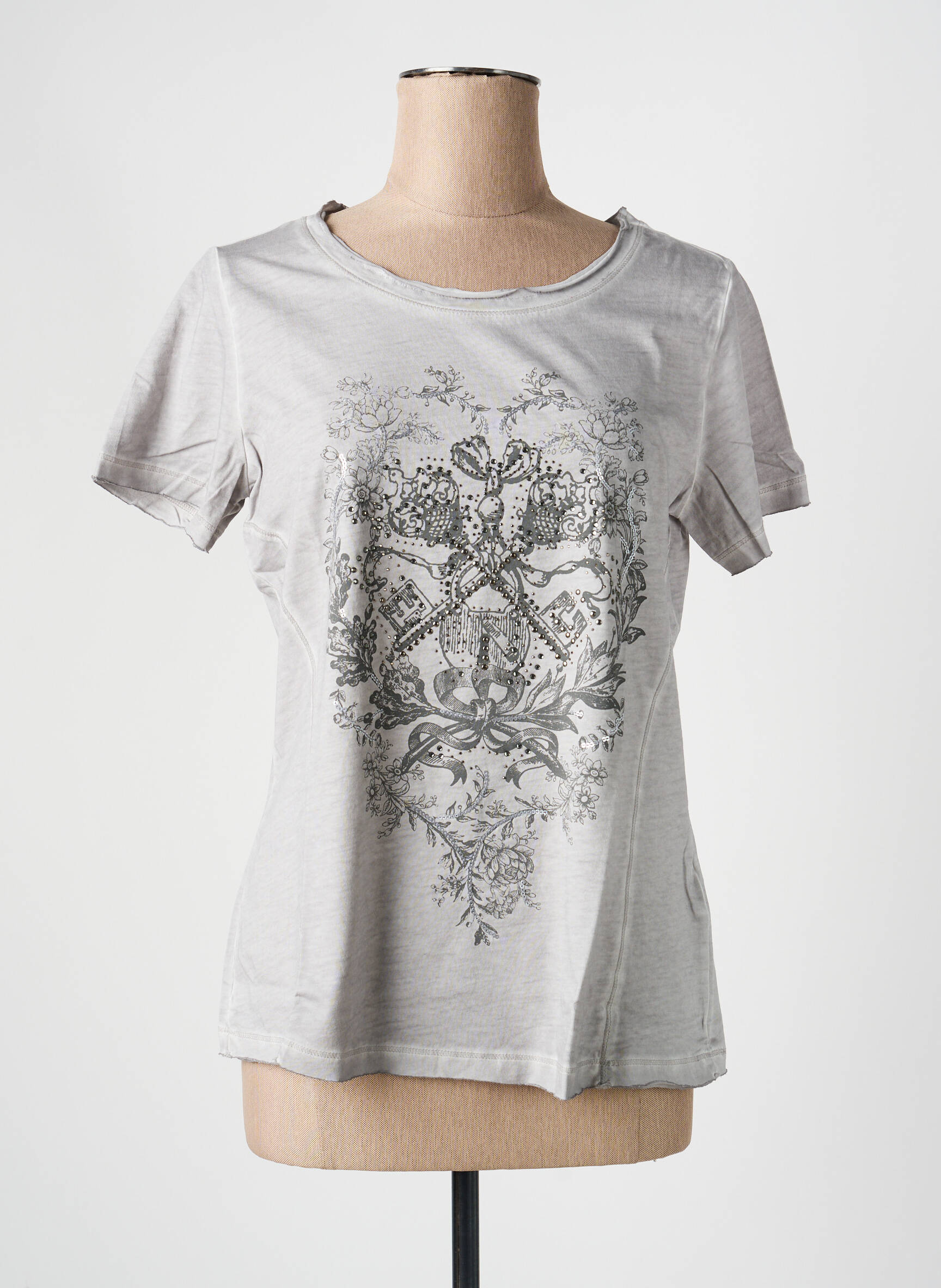 Tricou serigrafie cu strasuri mâneci scurte gri HEINE femeie
