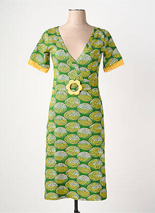 Rochie midi imprimeu fantezie mâneci scurte verde MARGOT femeie