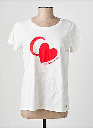 Tricou serigrafie flockată mâneci scurte alb C'EST BEAU LA VIE femeie