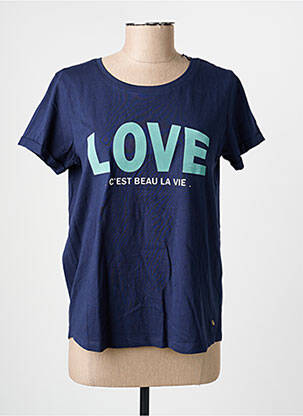 Tricou serigrafie flockată mâneci scurte albastru C'EST BEAU LA VIE femeie