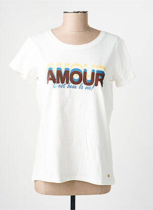 Tricou serigrafie flockată mâneci scurte alb C'EST BEAU LA VIE femeie