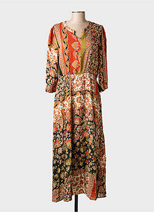 Rochie lungă imprimeu floral mâneci 3/4 portocalie C'EST BEAU LA VIE femeie