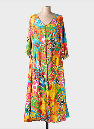 Rochie lungă imprimeu fantezie mâneci lungi galben ORIENTIQUE NATURALLY femeie