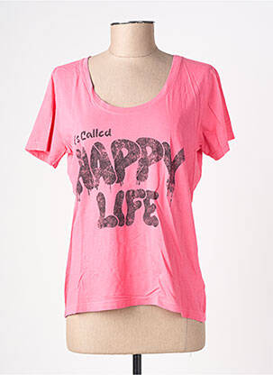 Tricou serigrafie flockată mâneci scurte roz HAPPY femeie