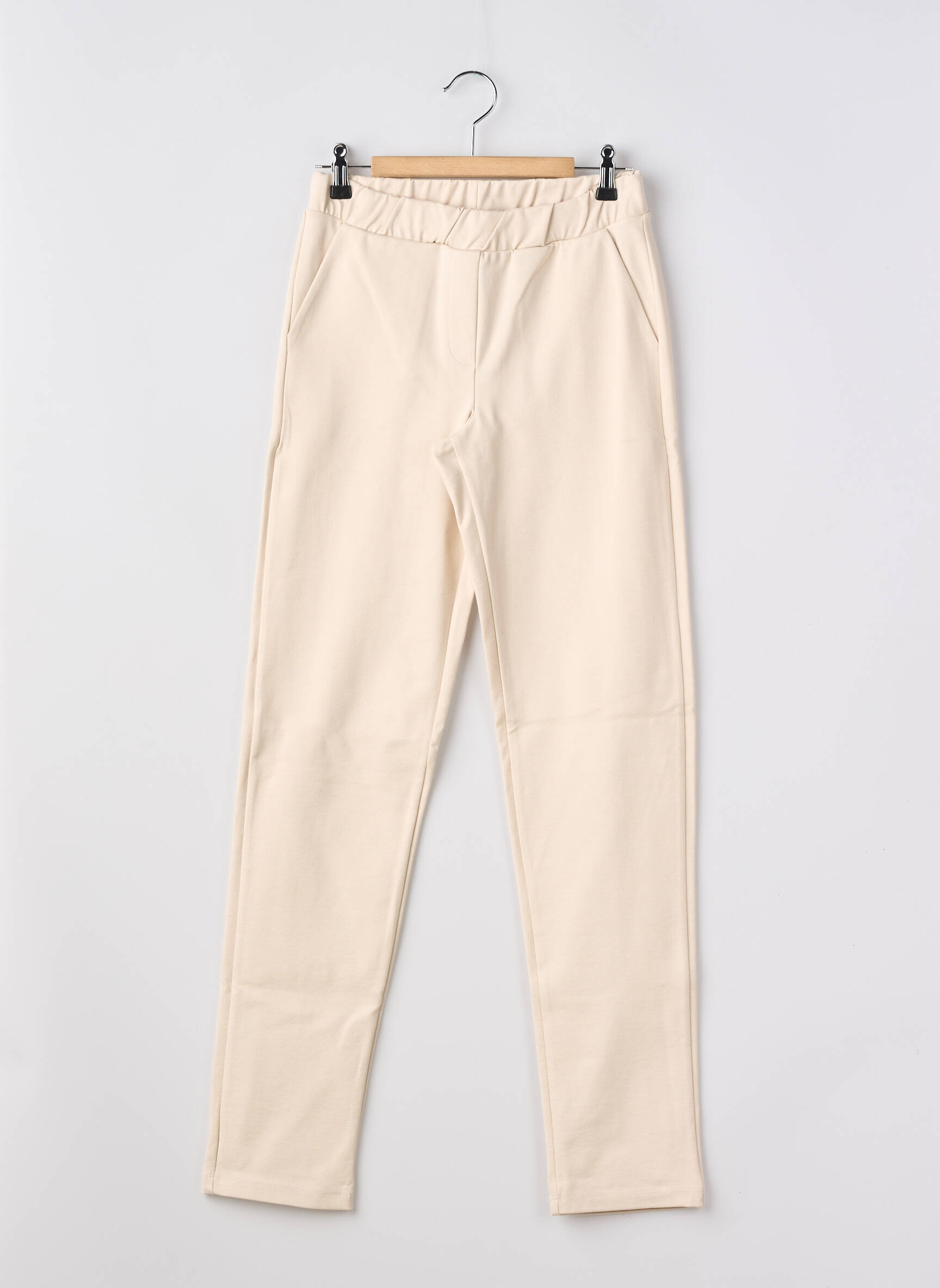 Pantalon slim țesătură poplin talie elastică bej GEISHA fată