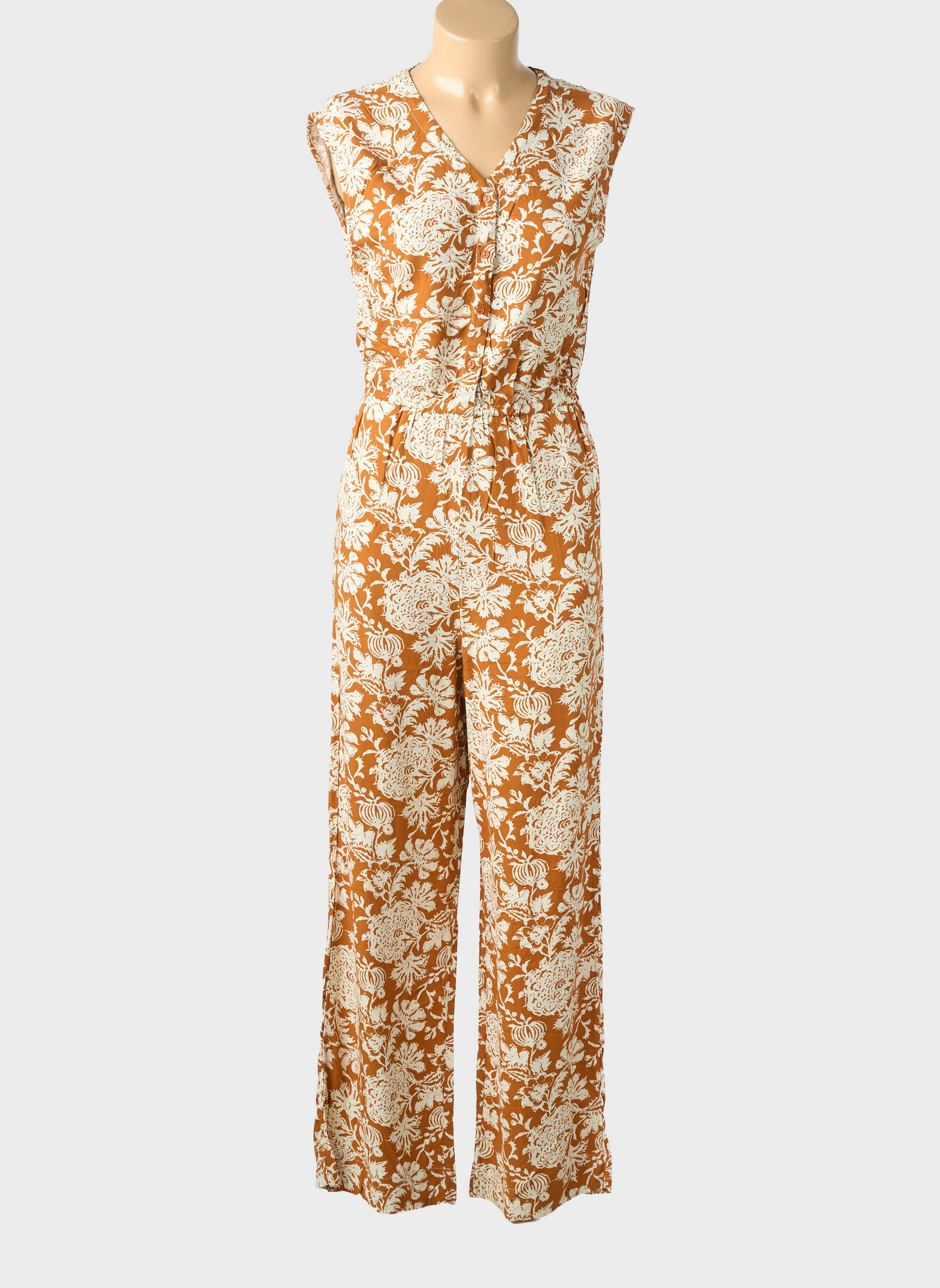 Salopetă-pantalon guler rotund mâneci scurte maro LE TEMPS DES CERISES fată