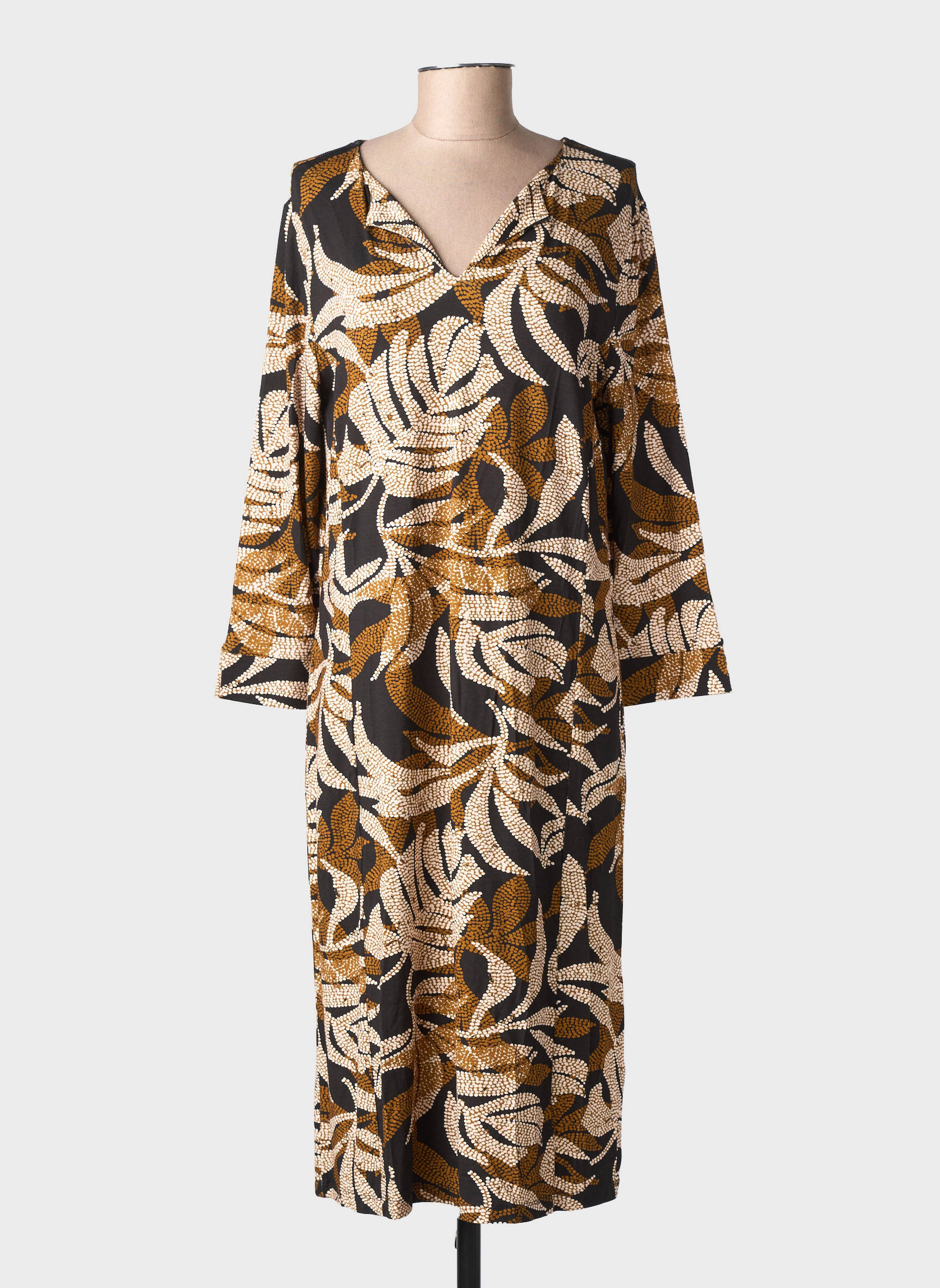 Rochie midi imprimeu fantezie mâneci lungi maro IVY BEAU femeie