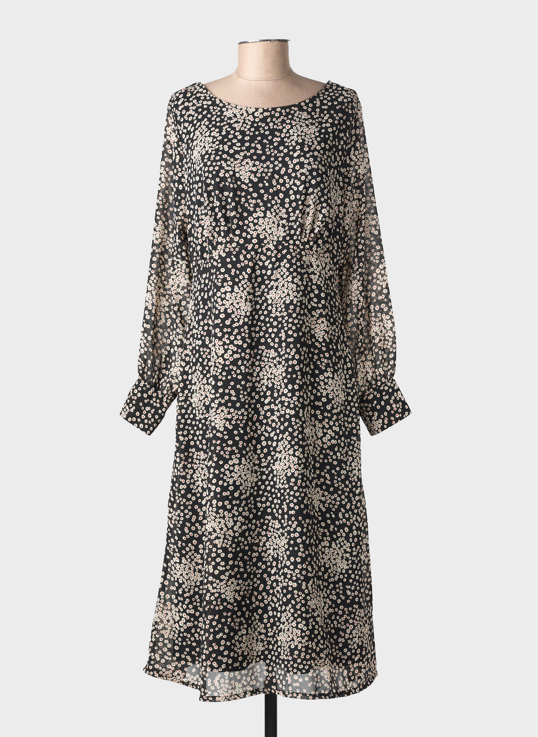 Rochie midi imprimeu fantezie mâneci lungi negru ICHI femeie
