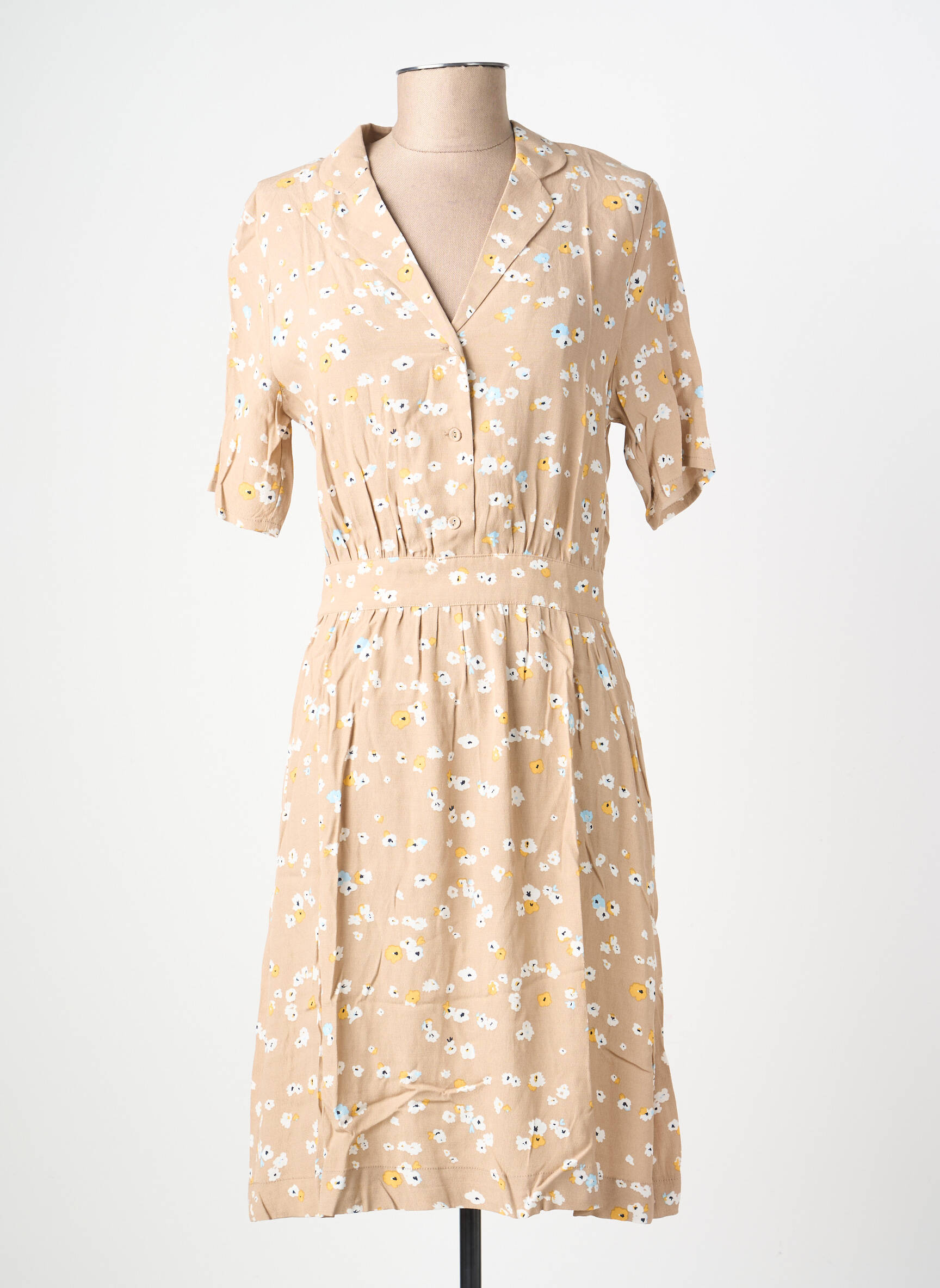 Rochie midi imprimeu fantezie mâneci scurte bej ICHI femeie