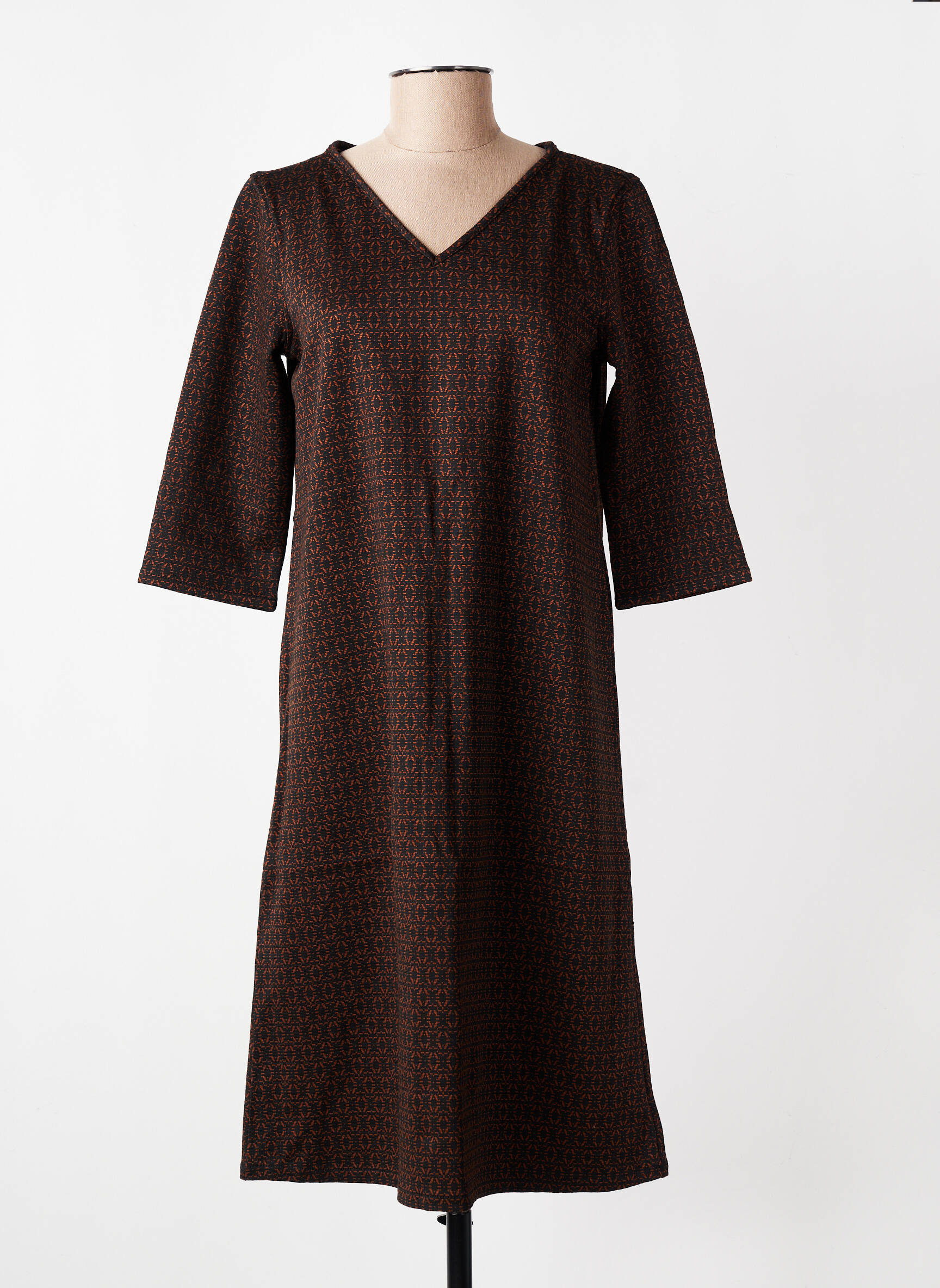 Rochie lungă imprimeu fantezie mâneci 3/4 maro COUTURIST femeie