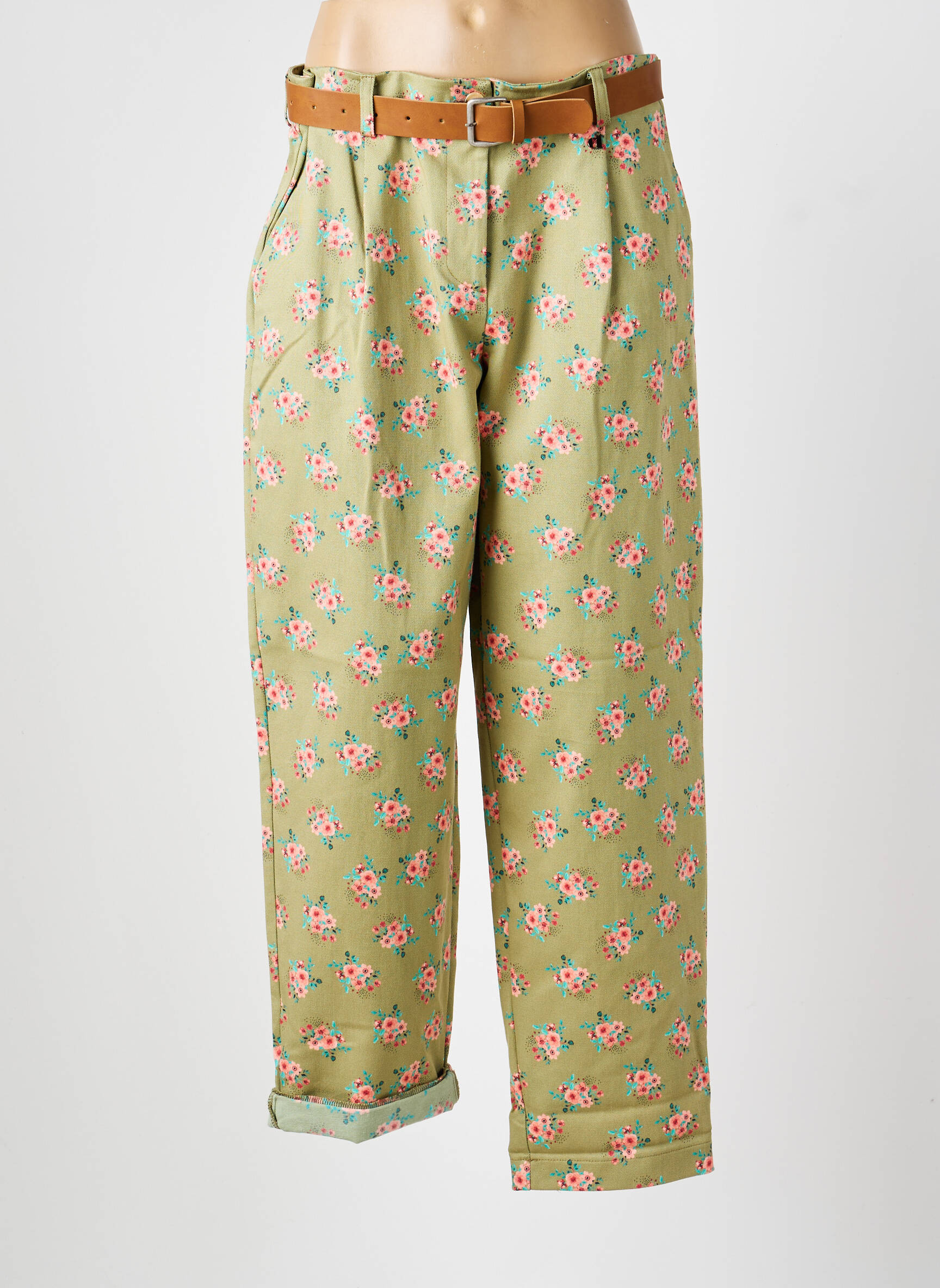 Pantalon drept închidere cu fermoar sub clapetă cu nasturi verde DIXIE femeie
