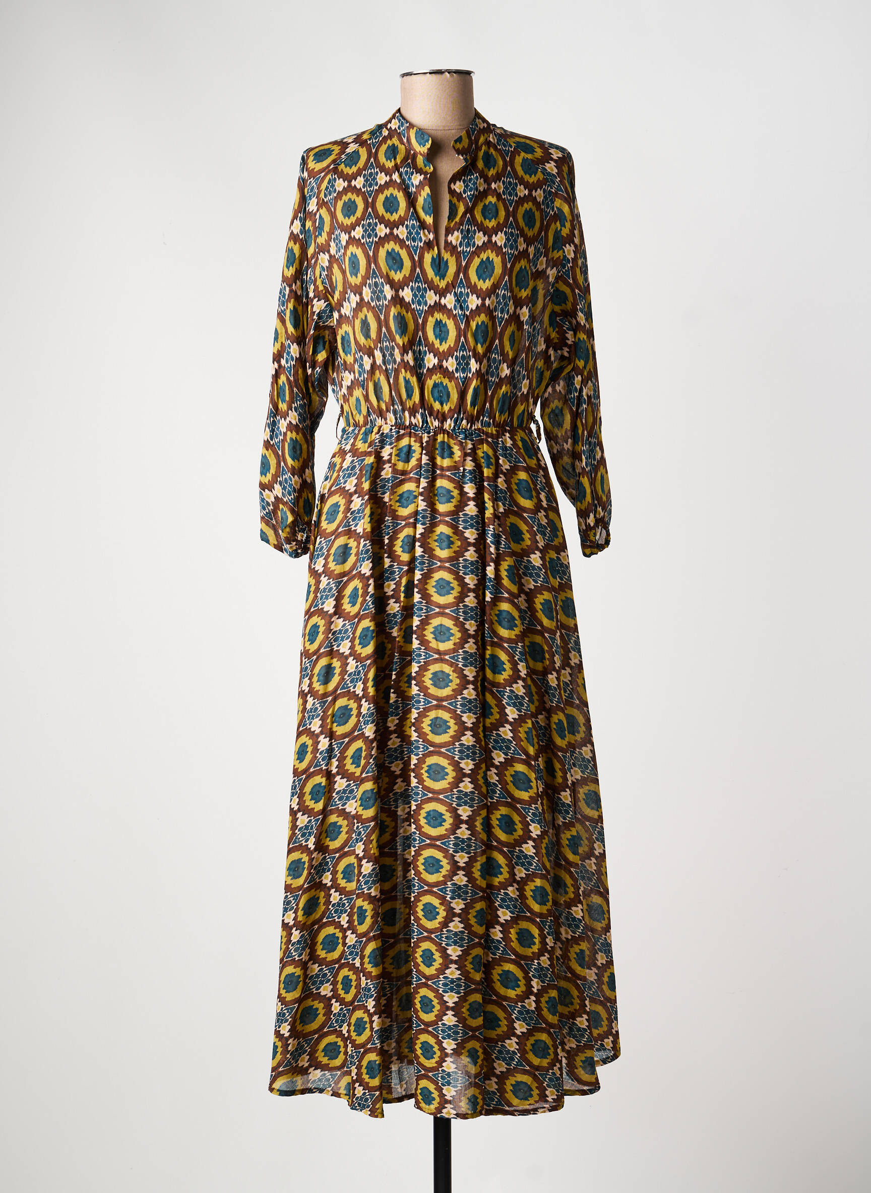 Rochie lungă imprimeu fantezie mâneci lungi verde DIXIE femeie