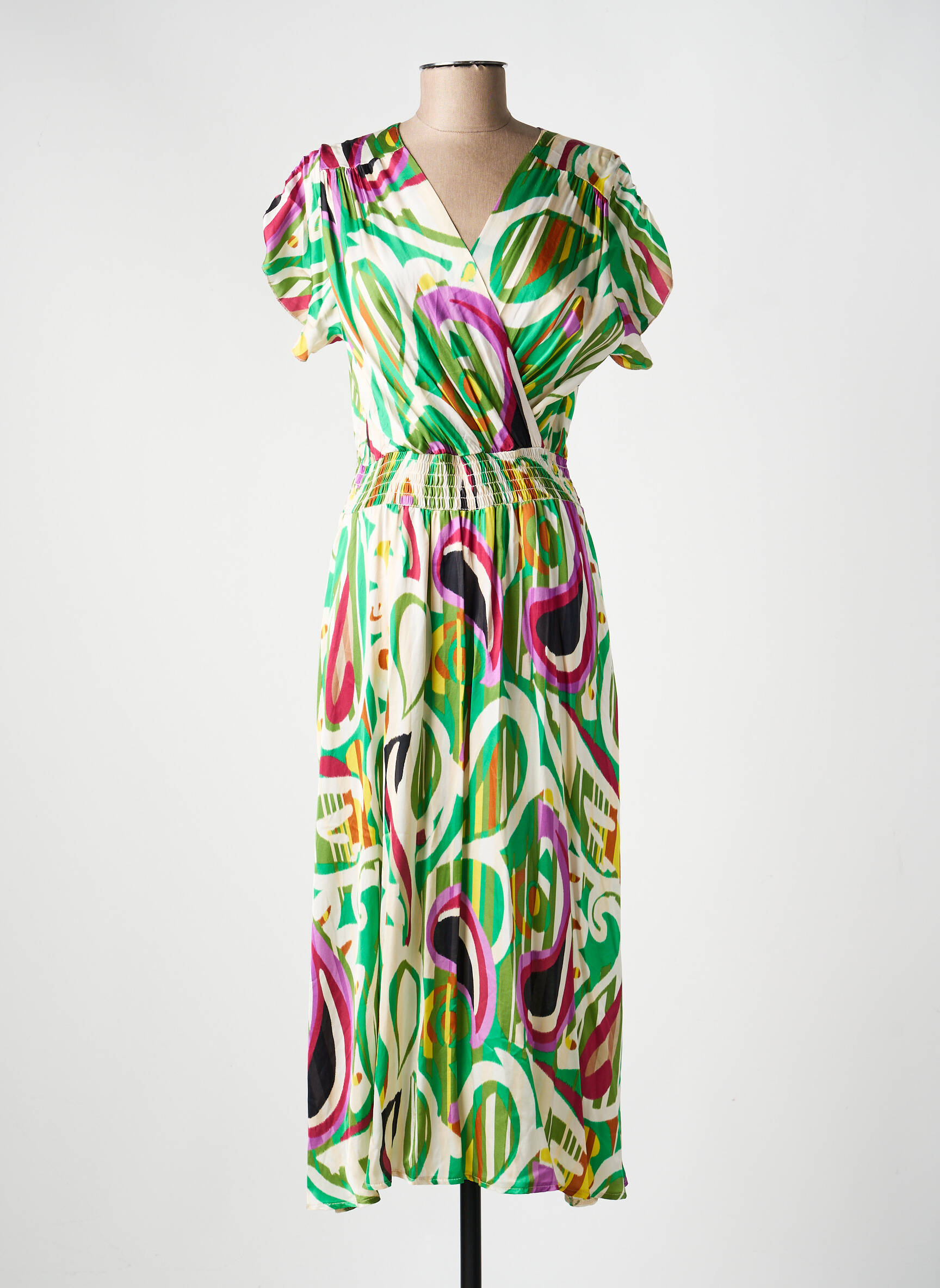 Rochie midi croială fluidă mâneci scurte verde PAKO LITTO femeie