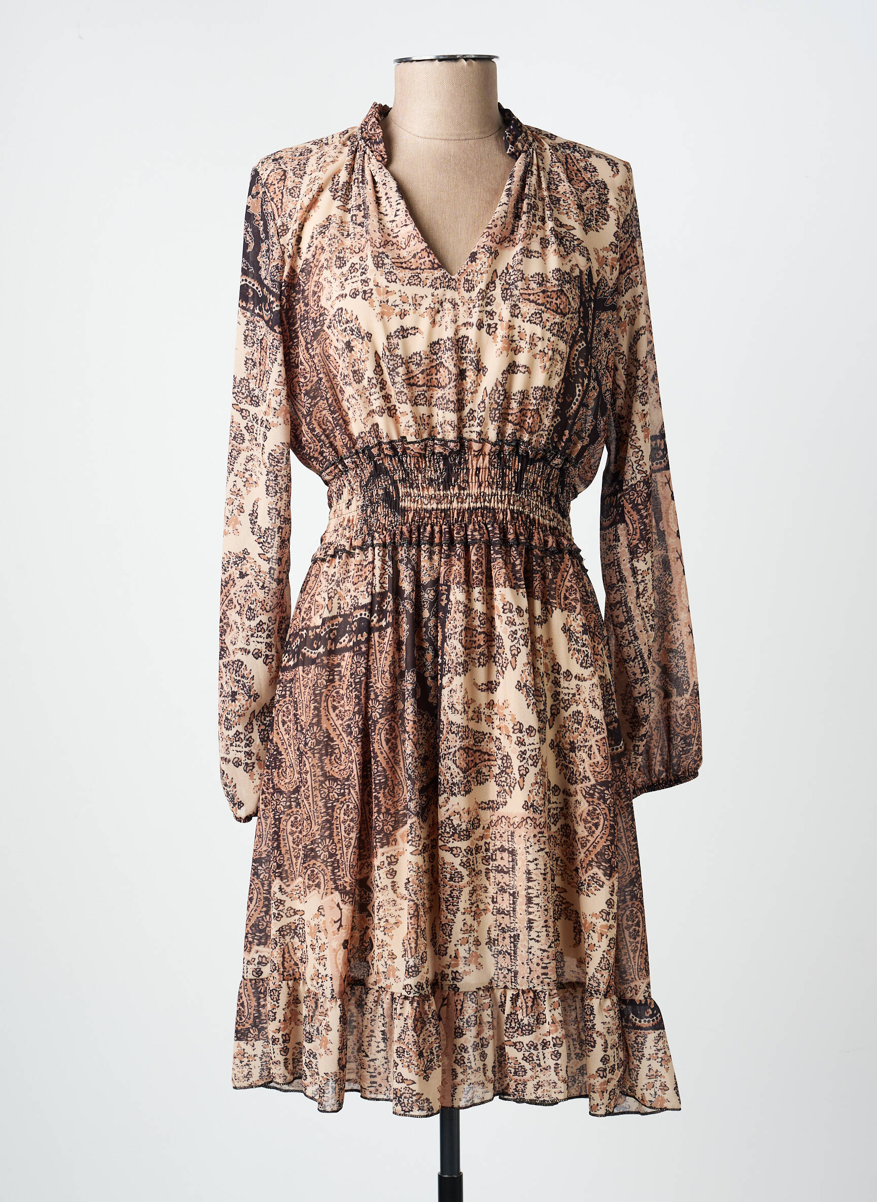Rochie midi imprimeu fantezie mâneci lungi bej COULEURS DU TEMPS femeie