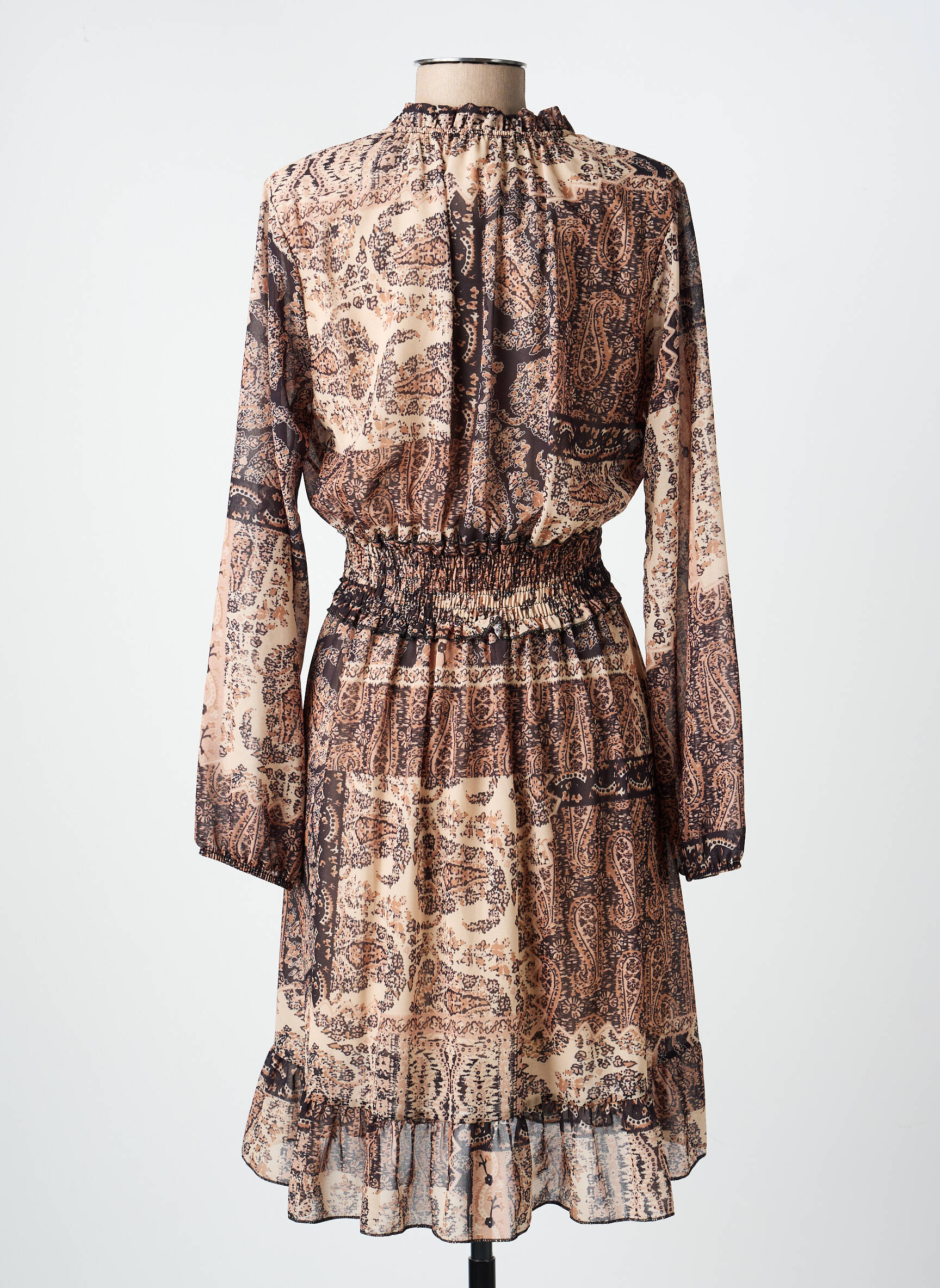 Rochie midi imprimeu fantezie mâneci lungi bej COULEURS DU TEMPS femeie