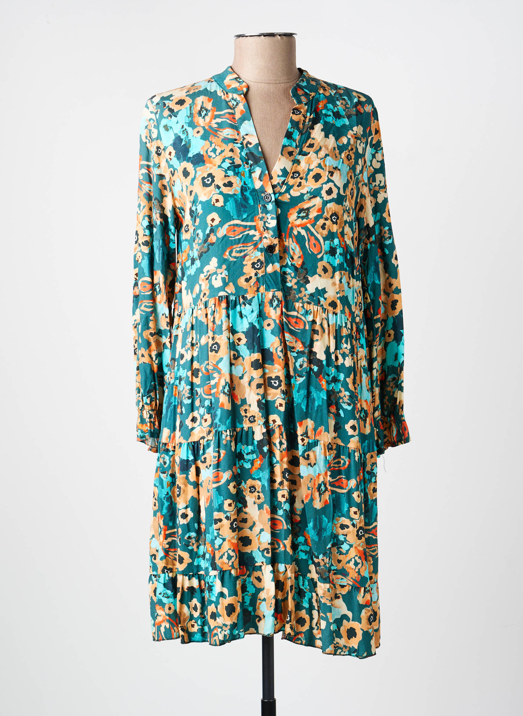 Rochie midi imprimeu fantezie mâneci lungi verde COULEURS DU TEMPS femeie