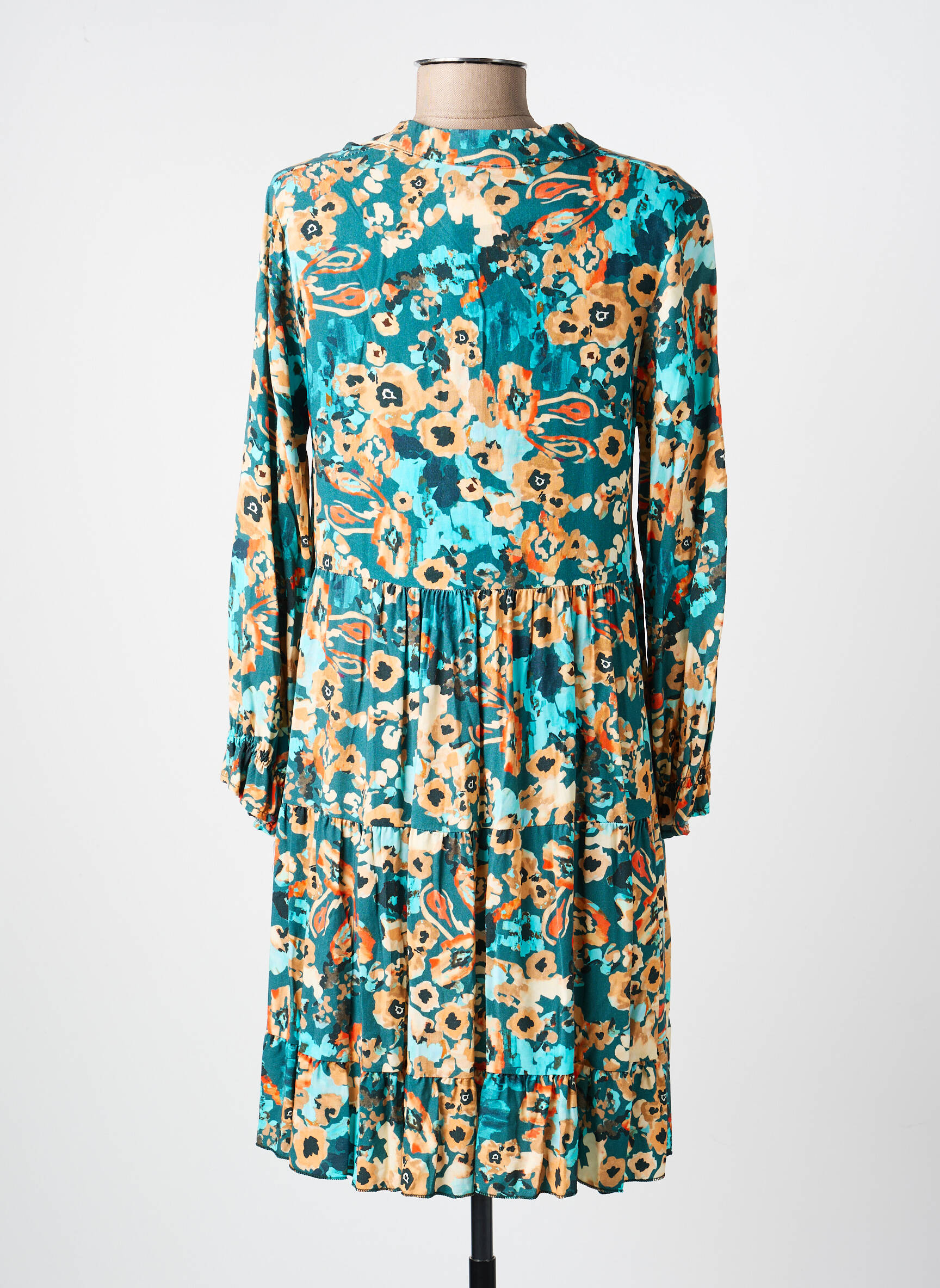 Rochie midi imprimeu fantezie mâneci lungi verde COULEURS DU TEMPS femeie