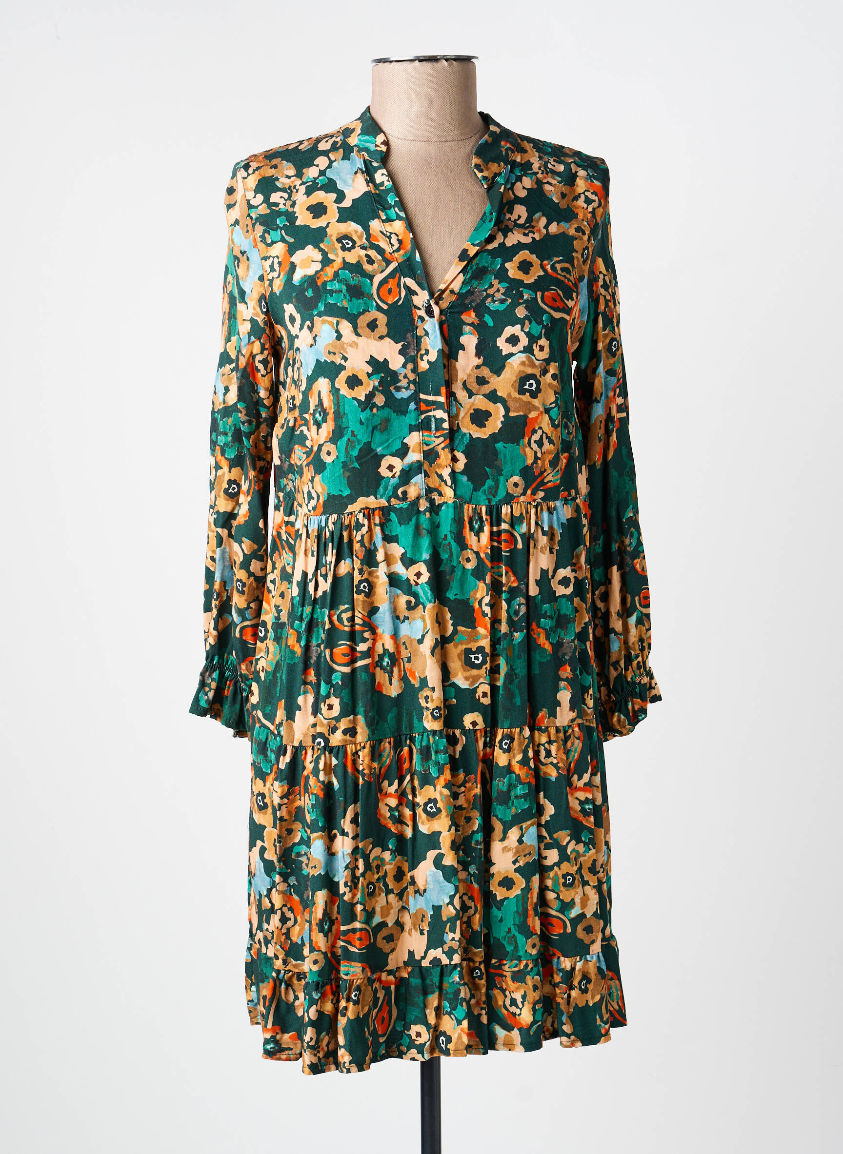 Rochie scurtă croială evazată mâneci lungi verde COULEURS DU TEMPS femeie