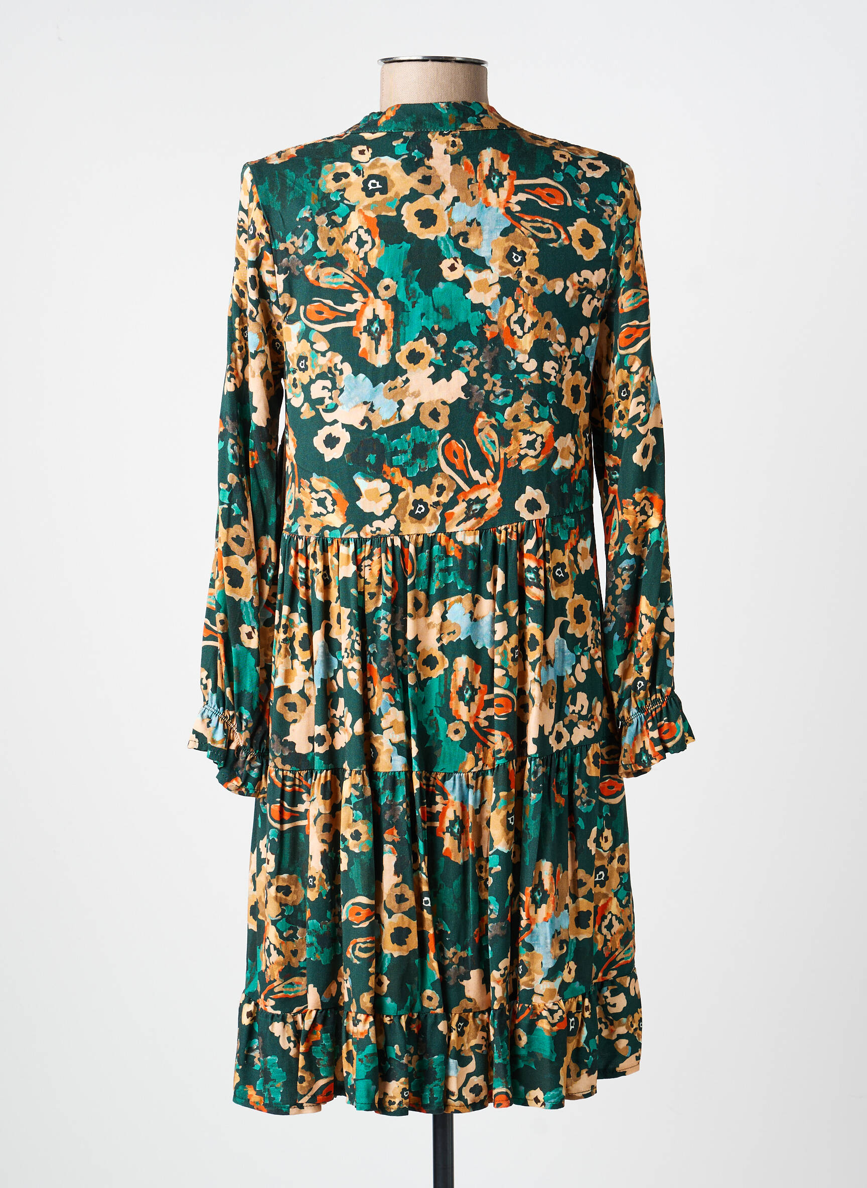 Rochie scurtă croială evazată mâneci lungi verde COULEURS DU TEMPS femeie