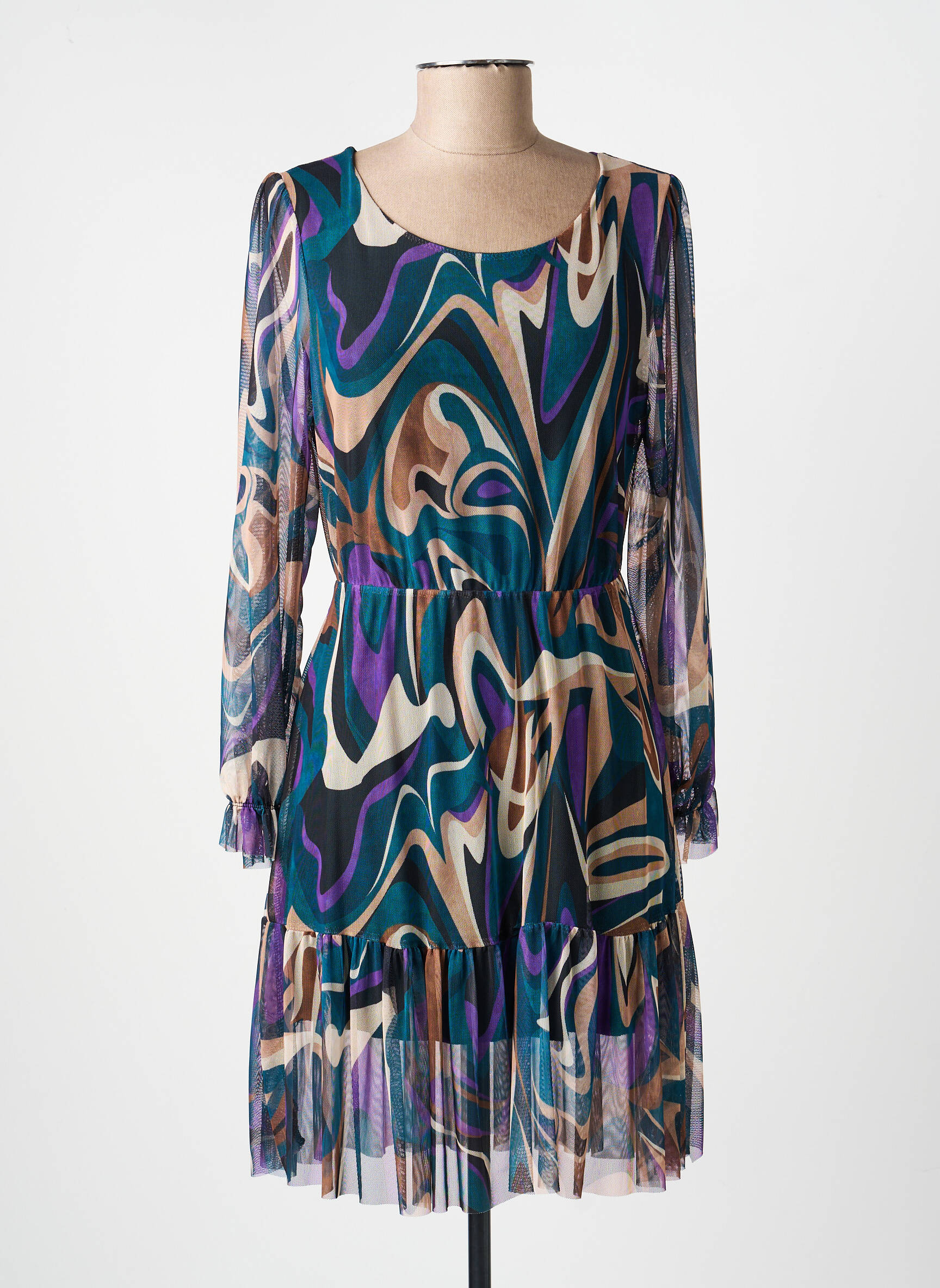 Rochie scurtă croială evazată mâneci lungi verde COULEURS DU TEMPS femeie