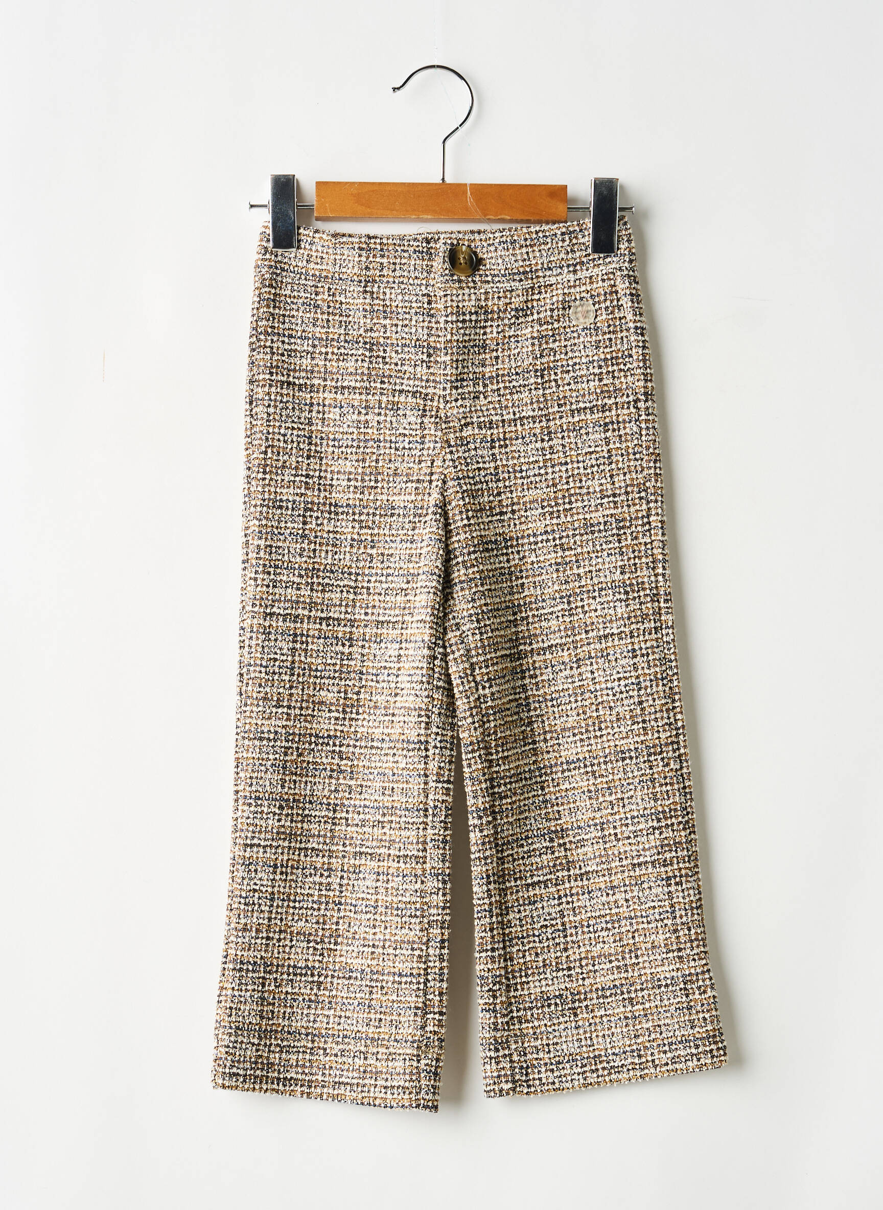 Pantalon drept închidere cu fermoar sub clapetă cu nasturi talie elastică bej LEVV LABEL fată