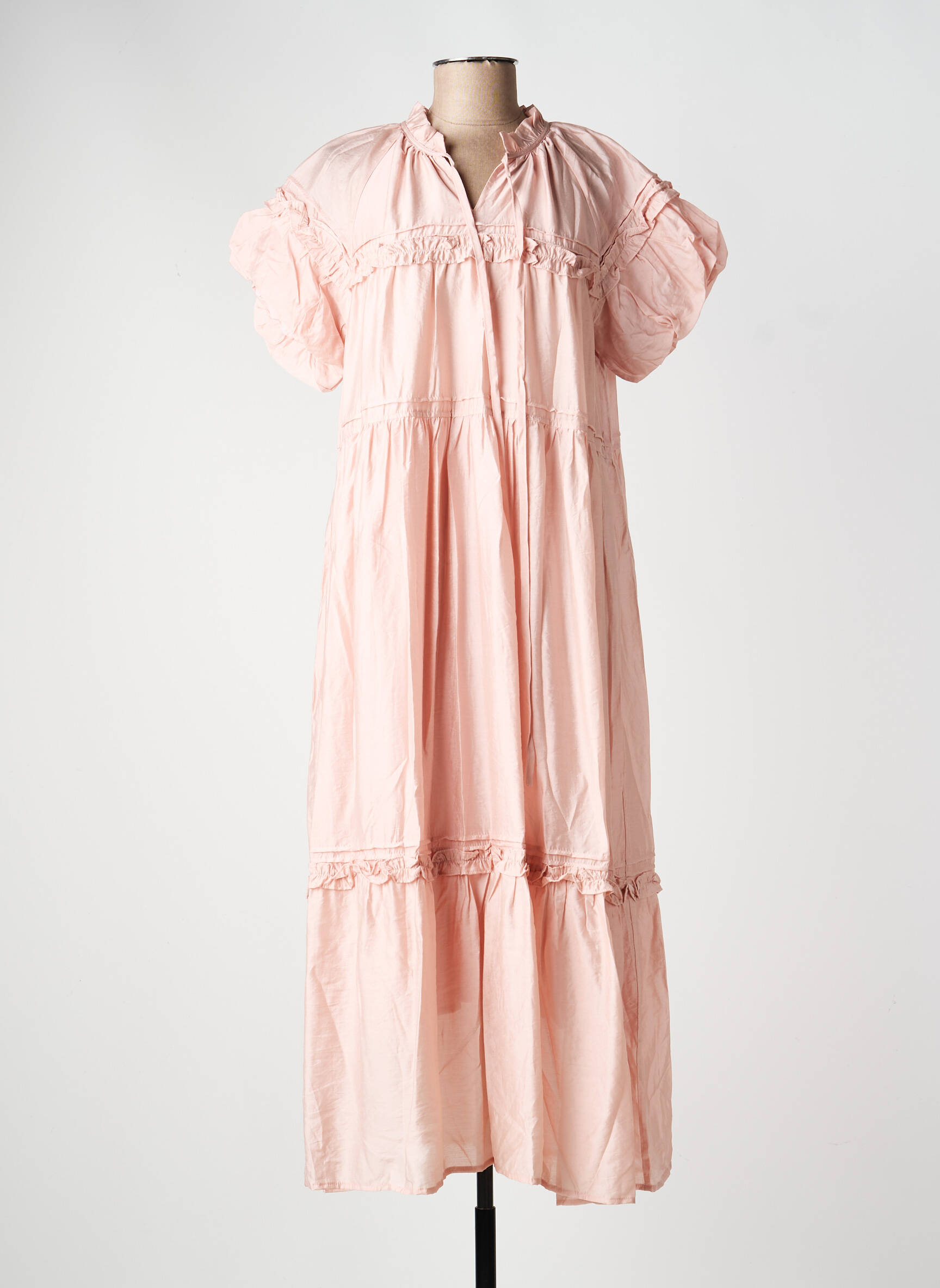 Rochie lungă croială evazată mâneci scurte roz COMPAÑIA FANTASTICA femeie