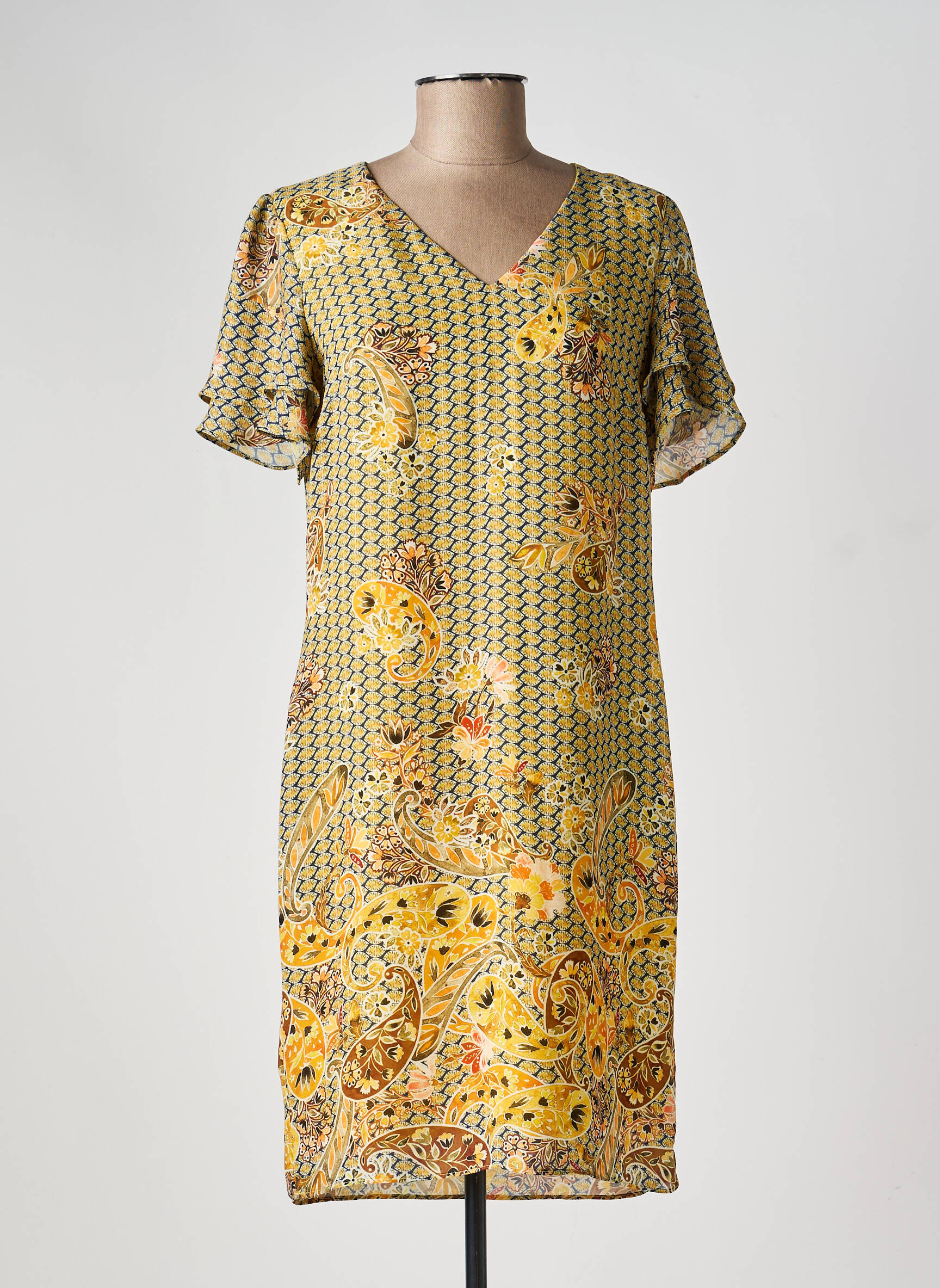 Rochie midi imprimeu floral mâneci scurte galben TINTA STYLE femeie